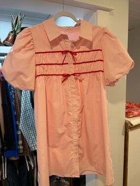 TCEC Pink Button-Up Dress with Red Ribbon Trim